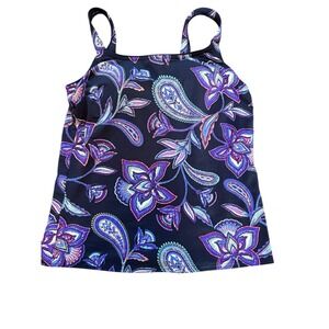 Lands' End Tankini Top Size 4‎ Square Neck Paisley Wireless Soft Cup Navy Blue